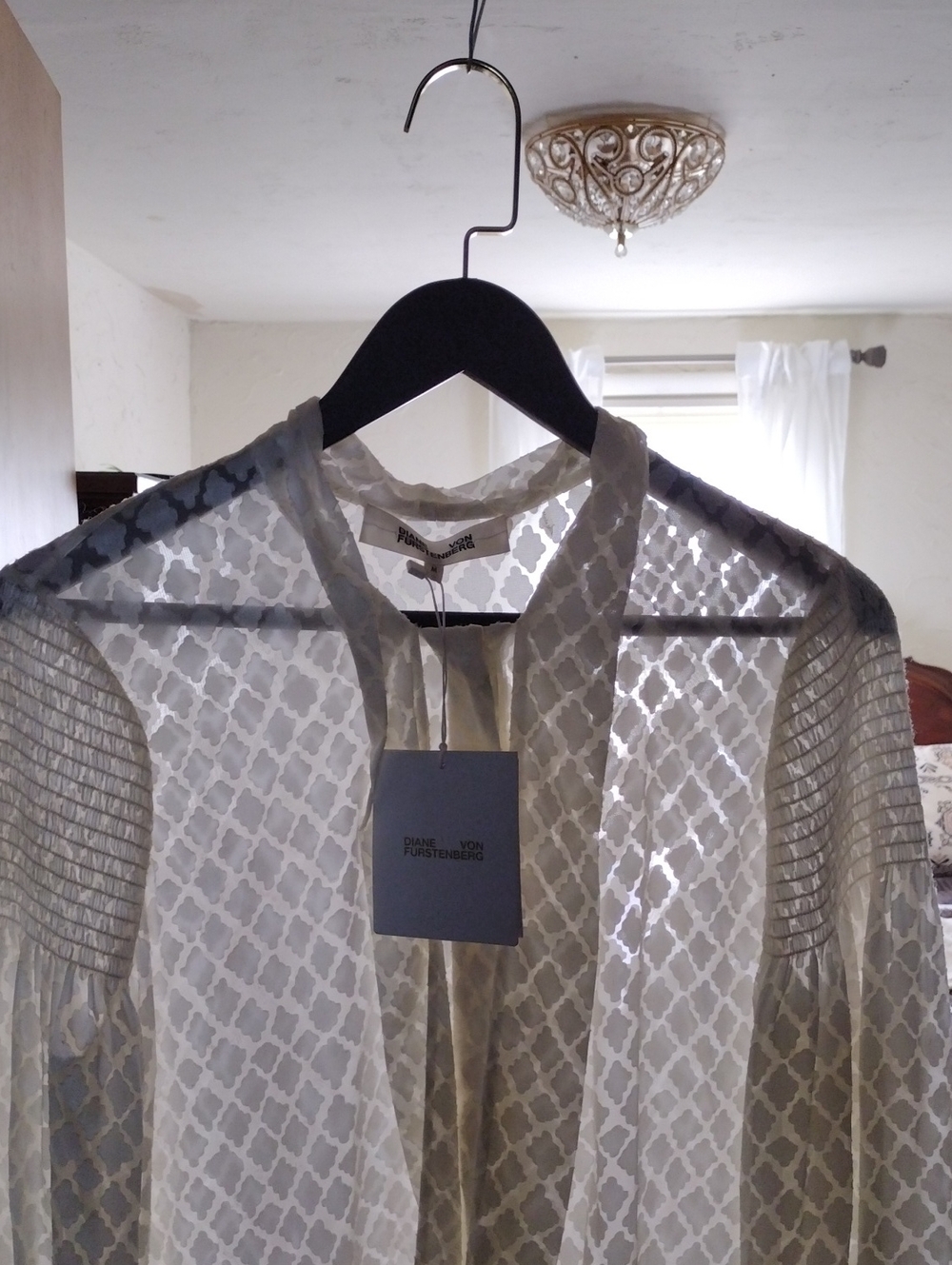 Diane Von Furstenberg Sheer Cream Geometric Trellis Blouse